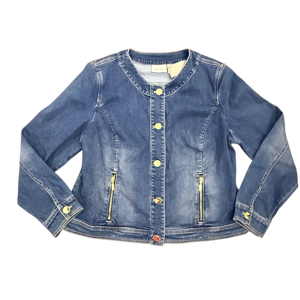 Chico's Denim Jacket Women's Size 2 (USL/12) Denim Long Sleeve Collarless NEW